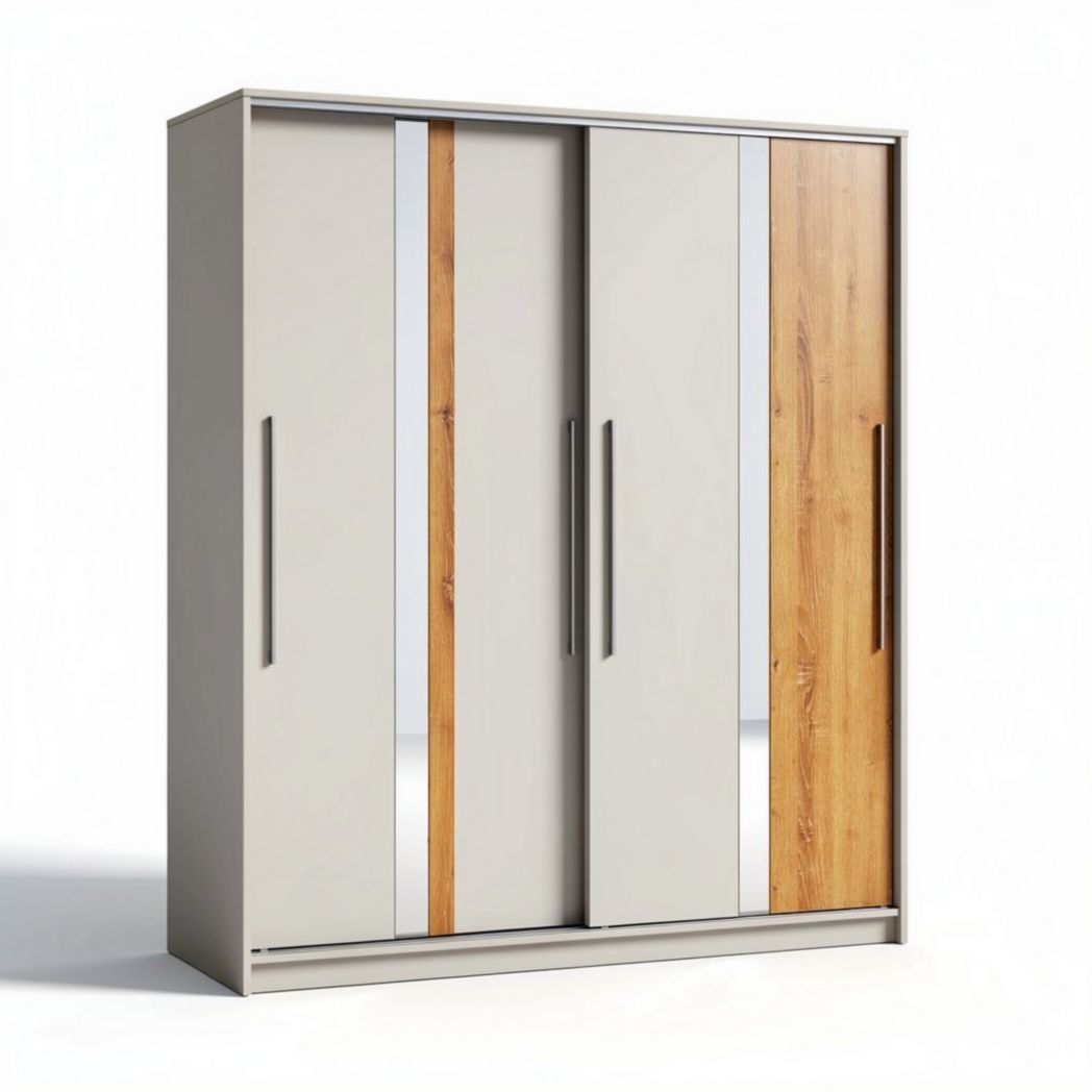 Guarda-roupa moderno de madeira e vidro 150 x 60 x 200cm em cinza e madeira clara