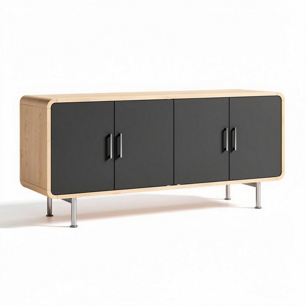 Buffet de madeira com portas pretas e dimensões de 150 x 45 x 75cm
