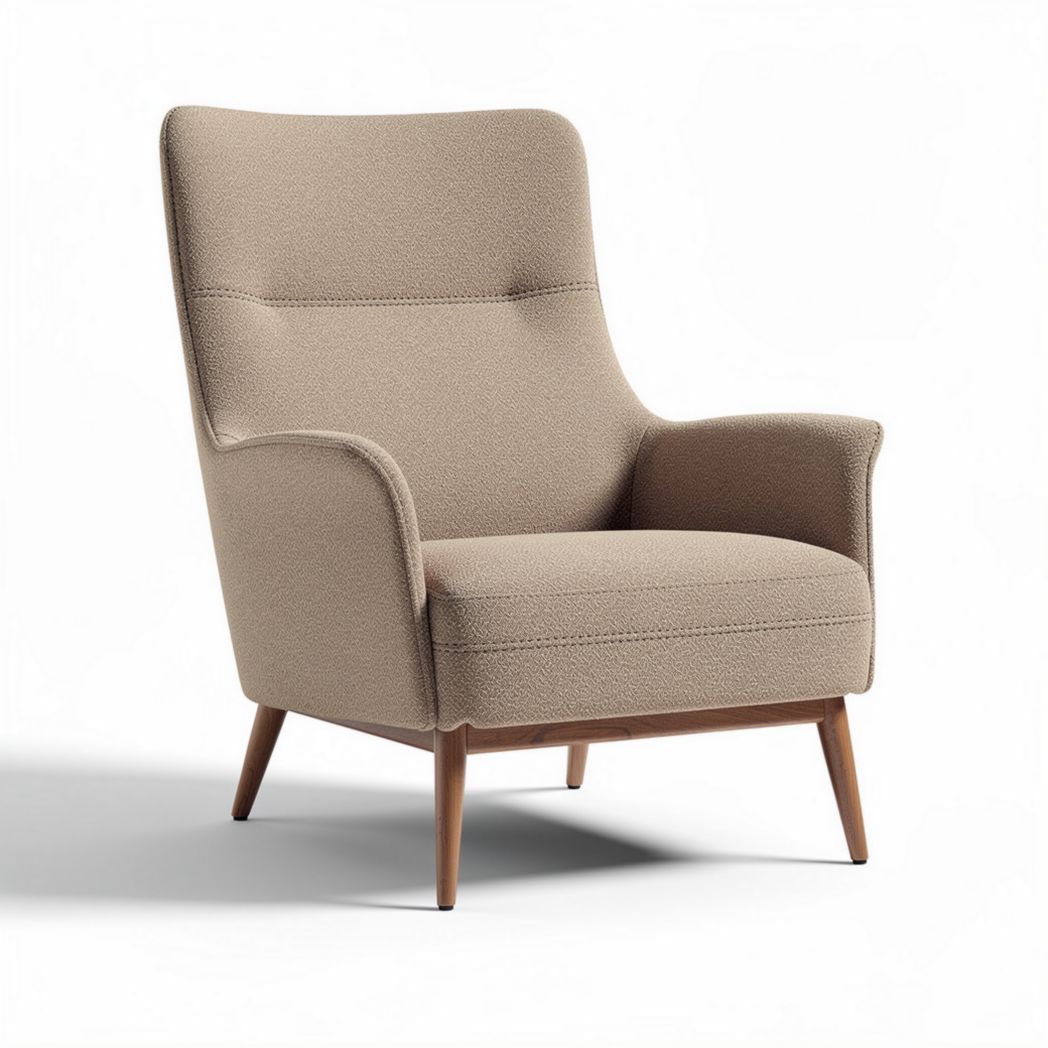 Poltrona em tecido bege com estrutura de madeira tamanho 90 x 75 x 100cm