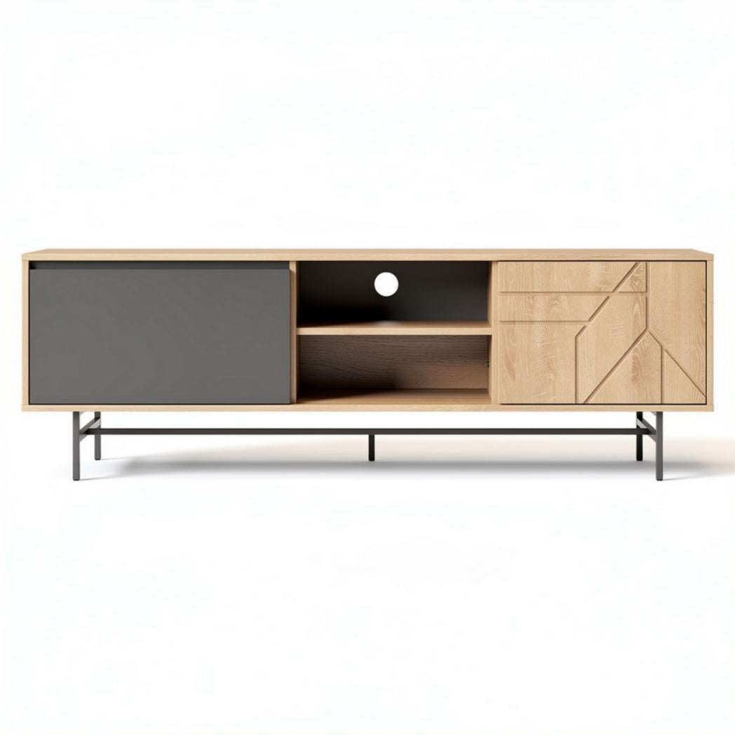 Aparador moderno em madeira e metal 150 x 40 x 50cm com porta e prateleiras