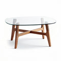 Mesa de centro ovalada com tampo de vidro e base em madeira 120 x 80 x 40cm