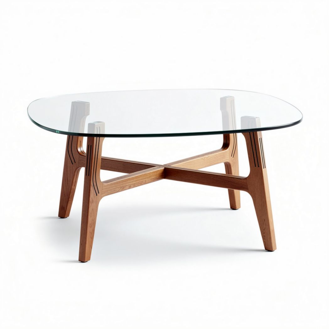 Mesa de centro ovalada com tampo de vidro e base em madeira 120 x 80 x 40cm